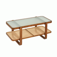 COSTWAY Table Basse Rectangulaire, avec Verre, Bois et Étagère en Rotin, pour Salon, 105x50,5x45 cm, Noyer - marron Bois manufacturé VH35838IZ