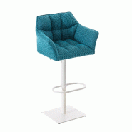 Décoshop26 - Tabouret de bar chaise haute de comptoir couture carrées assise en tissu turquoise cadre en métal blanc 10_0004758 - blanc métal 3000