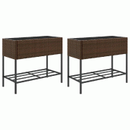 Helloshop26 - Jardinière bac lit surélevé plantes fleurs jardin terrasses avec étagère lot de 2 brun 90 x 40 x 75 cm résine tressée 02_0038884