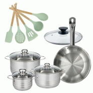 Lot 1 Poêle 28cm et de 3 Faitouts 16/20/24cm Fackelmann Etherna avec 5 ustensiles - gris Acier inoxydable 18/10 3176239920093 Lot 1 Poêle 28cm et de 3 Faitouts 16/20/24cm Fackelmann Etherna avec 5 ustensiles - gris Acier inoxydable 18/10 3176239920093