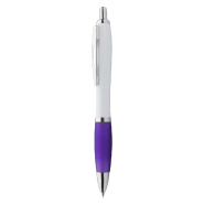 Stylo à bille en plastique - corps blanc, grip coloré violet et parties chromées brillantes - encre bleue - 11g Stylo à bille en plastique - corps blanc, grip coloré violet et parties chromées brillantes - encre bleue - 11g