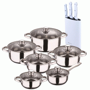 BERGNER - Batterie de cuisine Cassel 12pcs en acier inoxydable compatible induction avec set de 3 couteaux avec bloc à couteaux en acier inoxydable -
