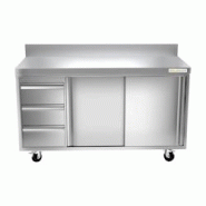 Meuble bas inox 1400x600 mm adossée avec 3 tiroirs à gauche sur roulettes PREMIUM - GOLDINOX - gris inox 3701770813957