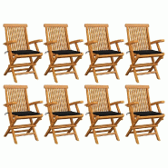 VidaXL Chaises De Jardin Avec Coussins Noir Lot De 8 Bois Teck Massif - noir 3072896