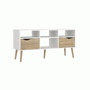 WellHome - Meuble TV de salon avec 2 tiroirs et étagères en coloris Blanc et Chêne Patiné 118 x 40 x 58 cm - Tajo - multicolore multi-matériau WH17715