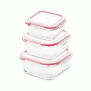 BERGNER - Jeu de 3 Boîtes Hermétiques carrées en borosilicate couleur rouge - rouge Q4052