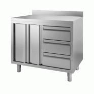 Vaiotec TOPLINE Armoire de travail 600 / portes battantes, 3 tiroirs à droite & rebord L:1400 - inox 4-6TACBA140-1B