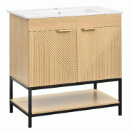 Merax Meuble sous-vasque 81 x 47 x 84 cm avec vasque en céramique, tiroir, compartiments ouverts et structure en métal, aspect bois naturel - multi-