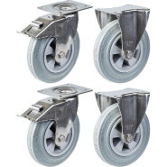 200mm 8" roulettes en acier inoxydable caoutchouc gris, frein fixe, 820kg, jeu de 4 200mm 8" roulettes en acier inoxydable caoutchouc gris, frein fixe, 820kg, jeu de 4