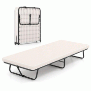 COSTWAY Lit d'appoint 190 x 80 cm avec matelas, lit simple pliant, lit métallique robuste pouvant supporter jusqu'à 170 kg - beige métal TI96937