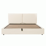 Merax Lit rembourré 180 x 200 cm, lit double avec sommier à lattes, coffre de lit hydraulique, cadre tout autour et housse en lin, beige - beige mul