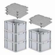 PROREGAL 5x Bac Euro NextGen Economy avec couvercle d'appui et 4 fermetures à glissière noires poignées fermées 22x30x40cm 20L - noir plastique RM