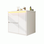 Merax meuble vasque mural 61x46.5x57 cm, meuble blanc avec vasque céramique, lumière LED à capteur, 2 tiroirs et Soft-Close - blanc multi-matériau