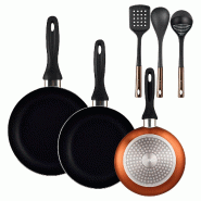 BERGNER - Set de 3 Poêles Ø16/20/24cm en Aluminium Pressé Bronze métallisé avec Set de 3 Ustensiles de cuisine en PBT noir et cuivre - PK9875