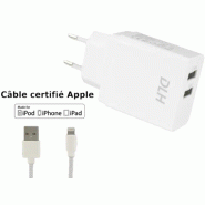 Chargeur secteur 2 ports USB 12W avec cable Apple lightning MFI pour iPhone et iPad
