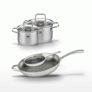 Lot Poêles 32cm & 24cm Elo Relief Evolution avec 2 Faitouts - gris inox 3176239957105