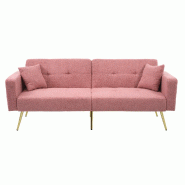 Merax Canapé-lit avec fonction lit, canapé 2 places, dossier réglable, pieds dorés, 2 coussins et poches latérales, tissu teddy, rose - rose WF20
