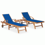 VidaXL Chaises Longues Lot De 2 Avec Table Et Coussin Bois Teck Solide - bleu 3073181
