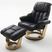 FAUTEUIL RELAX CLAIRAC ASSISE EN CUIR NOIR PIED EN BOIS NATUREL AVEC REPOSE PIED