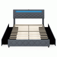 COSTWAY Lit rembourré 160x200cm avec LED, 2 ports USB, cadre lit double à tiroirs, tête de lit réglable & sommier à lattes, sans matelas - gris m