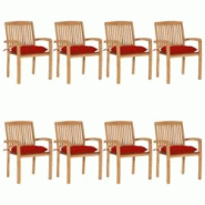 VidaXL Chaises De Jardin Empilables Avec Coussins Lot De 8 Teck Solide - rouge 3073285 VidaXL Chaises De Jardin Empilables Avec Coussins Lot De 8 Teck Solide - rouge 3073285