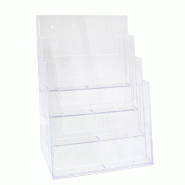 Porte-brochure de comptoir ou mural A4 - 4 compartiments - Transparent - Polystyrène injecté - Épaisseur 4mm