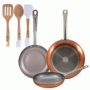BERGNER - Jeu de 3 Poêles en Aluminium Pressé Ø18/Ø22/Ø26cm Compatibles Induction Optimum Plus avec Set de 3 Ustensiles en Silicone et Bois - PK9218