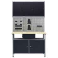Etabli 120 cm et 3 panneaux muraux et 1 armoire atelier table de travail gris noir 02_0003663