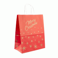 Sac papier rouge motif Merry Christmas 20+10x29cm - par 250