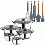 BERGNER - Batterie de cuisine 8 pcs 16/18/20/24/28cm en Acier Inoxydable Compatible Induction avec Set de 5 Ustensiles de Cuisine en Silicone et Bois