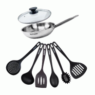 Set de 1 poêle de 24 cm en inox 1 couvercle en verre et 6 ustensiles Fackelmann Eterna - acier 3176239943894