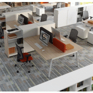 Bureau bench 2 personnes Yan avec maxi rangement - MDD - Blanc 9010, 180, Chêne Canadien