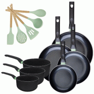 Batterie de cuisine de 4 poêles 20/24/28/30 cm, 3 casseroles 16/18/20 cm et 5 ustensiles Fackelmann Brandao - noir aluminium 3176239920482