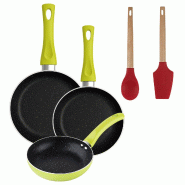 BERGNER - Ensemble de 3 poêles Ø20/Ø24/Ø28 cm en aluminium embouti Molen Vert avec ensemble de 2 ustensiles de cuisine EXCALIBUR - aluminium PK9390_0