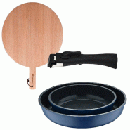 BERGNER - Jeu de 2 poêles Ø22/26 cm en aluminium coulé bleu avec poignée amovible avec planche à découper ronde 38x28x1,5 cm en bois de hêtre - PK9790