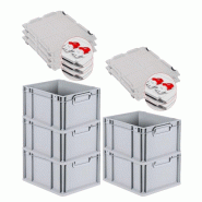 PROREGAL 5x Bac Euro NextGen Economy couvercle à charnières, fermetures à glissière rouges, poignées fermées, 22x30x40cm, 20L - noir plastique R