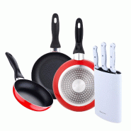 BERGNER - Jeu de 3 poêles Ø16/20/24cm aluminium pressé compatible induction Navy Red avec jeu de 3 couteaux avec bloc à couteaux en acier inoxydab