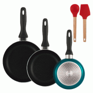 BERGNER - Set de 3 poêles Ø16/20/24 cm en aluminium pressé coloris bleu métallisé avec lot de 2 ustensiles de cuisine EXCALIBUR - PK9853