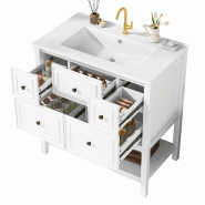 Merax Vasque sur pied avec vasque en céramique 76 x 46,5 x 82,3 cm, meuble de salle de bain avec 5 tiroirs, étagère ouverte, blanc - blanc multi-ma