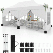 COSTWAY Pavillon pliant 3×6 m, hauteur réglable, 6 parois latérales amovibles, sac de transport, hydrofuge, protection UV 50+, blanc - blanc métal