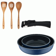 BERGNER - Jeu de 2 poêles Ø22/26 cm en aluminium moulé bleu avec poignée amovible avec set de 3 ustensiles de cuisine 32,8x33x7x1,4 cm Xmart - PK9778