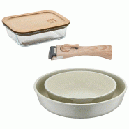 BERGNER - Jeu de 2 Poêles Ø22/26cm Aluminium Coulé Blanc avec Manche Amovible avec Hermétique de 650 ml en Verre Borosilicate NATURALLY - PK9772