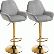 Décoshop26 - Lot de 2 tabourets de bar repose-pieds intégré revêtement velours gris structure en métal doré TDB10733 - gris métal 3000250444057