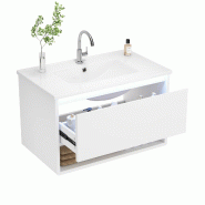 Merax Vasque LED 76.5×46×45cm, meuble de salle de bain suspendu, 1 tiroir, rangement ouvert, vasque en céramique intégrée, blanc - blanc multi-ma