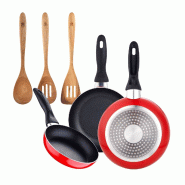 BERGNER - Jeu de 3 poêles Ø16/Ø20/Ø24 cm en aluminium pressé compatible induction Navy Red avec set de 3 ustensiles de cuisine 32,8x33x7x1,4 cm X