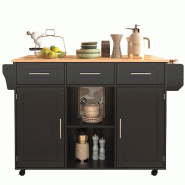 Merax Chariot de cuisine 139x46-71x91.5 cm, îlot mobile avec plan rabattable, 2 portes et 3 tiroirs, roulettes/pieds bois, noir - noir Bois manufactu