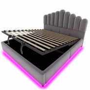 Merax Lit rembourré LED 180x200 cm, lit double en velours gris avec coffre hydraulique, sommier et tête volumineuse - gris multi-matériau LDU00629AAG