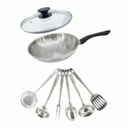Set poêle 28 cm en inox, couvercle verre et 6 ustensiles inox Fackelmann Geneva - Acier inoxydable 18/10 3176239944556