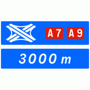 Panneau D74a directionnel - bifurcation autoroutière avec cartouches rouges et distances en mètres Panneau D74a directionnel - bifurcation autoroutière avec cartouches rouges et distances en mètres