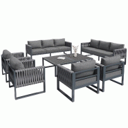 Merax salon de jardin Modulaire 10 Places, Ensemble de Chaises Longues avec 2x canapé trois places, 4x Fauteuil canapé, 2x Table, Cordes, Gris - gri